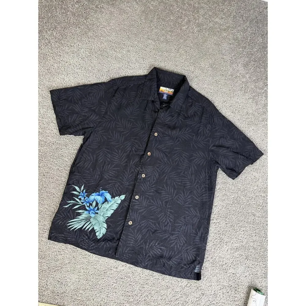 Havana Jack's Cafe Shirt Mens M Black Short Sleeve Button Up Rayon Floral